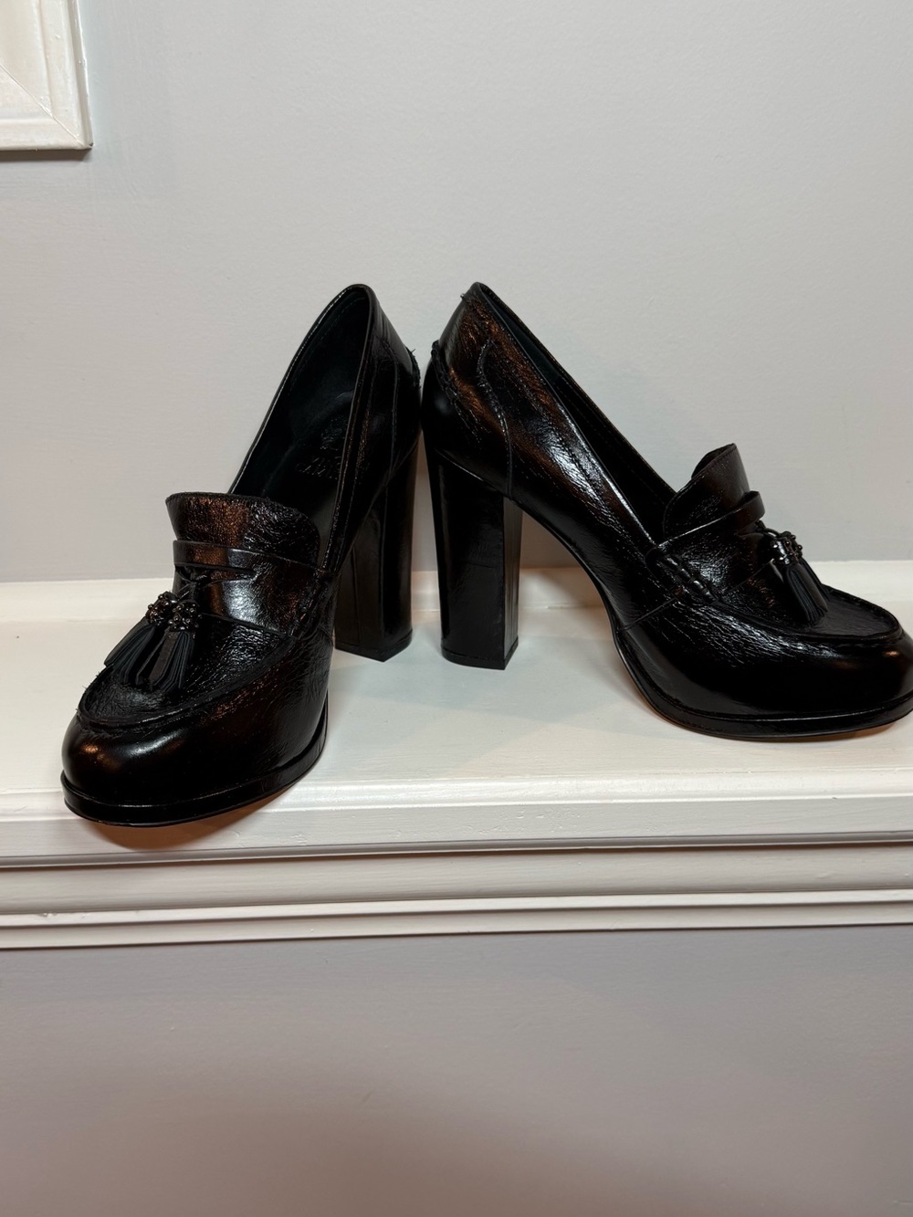 Vince Camuto Black Patent Tassel Block-Heel Loafers
